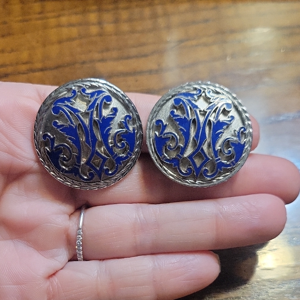 Vintage 1950s Coat Of Arms Family Crest Blue Enamel and Silver Clip-On Earrings